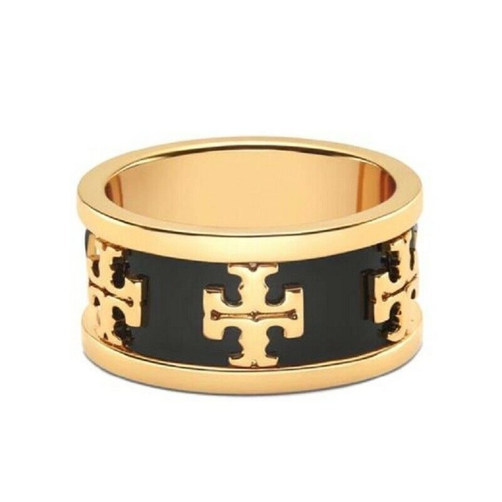 Tory Burch Black Enamel Raised Logo Ring Size 7